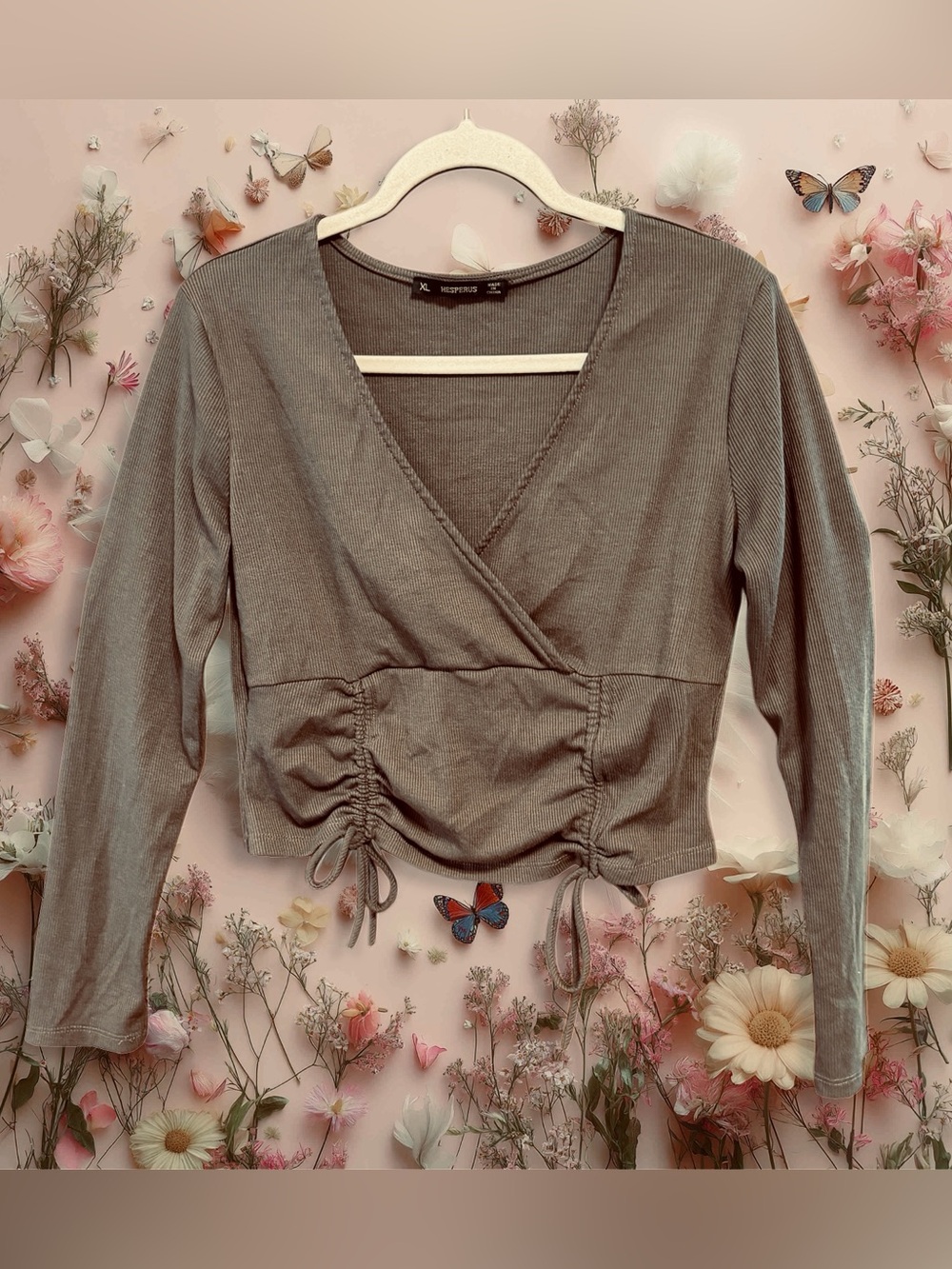 Hesperus Ruched V-Neck Crop Top in Taupe size XL